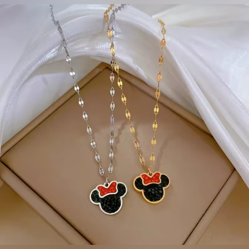 18K Gold Minnie Mouse Theme Black & Red Crystal Adorned Necklace No Fade - Picture 6 of 6